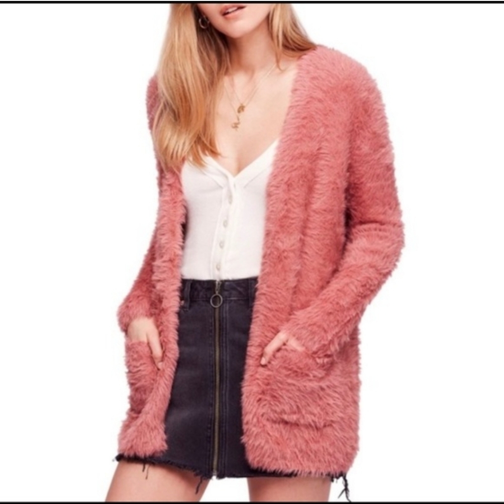 🐰 Free People Fuzzy Open Front Cardigan - Pink - Picture 7 of 15